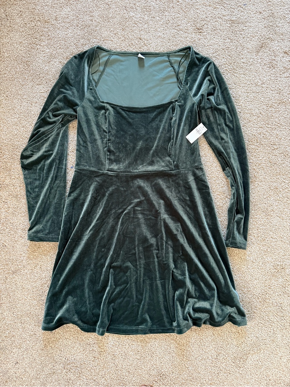 BNWT Old Navy Velvet Long-Sleeve Square-Neck Dress Dark Green Size Large